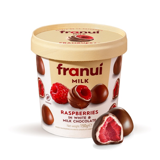 Zmeură în ciocolată albă și ciocolată cu lapte 150GR